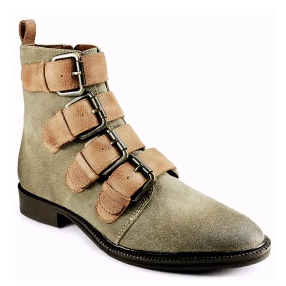 BAND OF THE FREE WOMENS HAWTHORNE TAUPE SUEDE BUCKLE ANKLE BOOTS