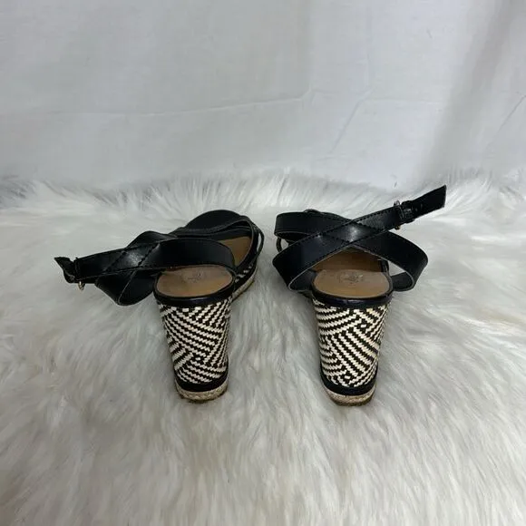 Bass Reece Black Leather Woven Wedge Sandals Sz 8