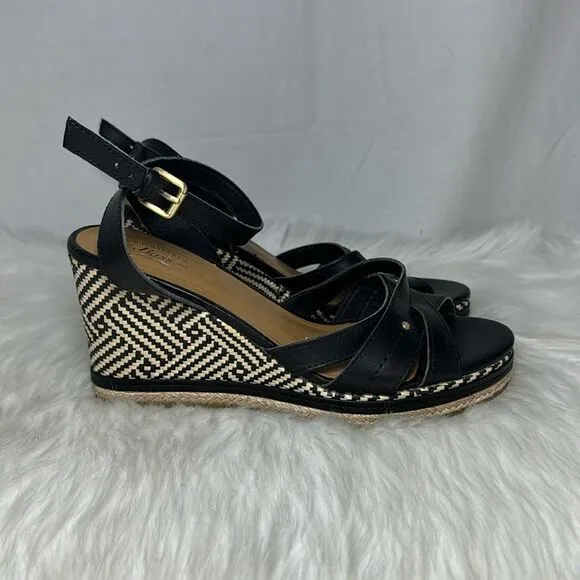 Bass Reece Black Leather Woven Wedge Sandals Sz 8