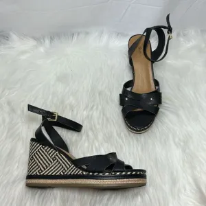 Bass Reece Black Leather Woven Wedge Sandals Sz 8