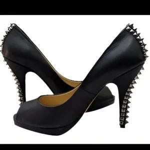 BCBG Maxazria Black Leather Pin-Up Peep Open Toe Stud Spiked Stilettoes Heels 9