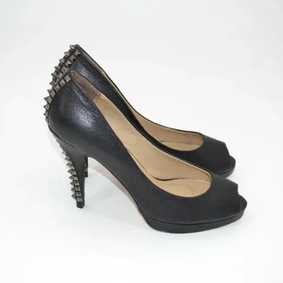 BCBG Maxazria Black Leather Pin-Up Peep Open Toe Stud Spiked Stilettoes Heels 9
