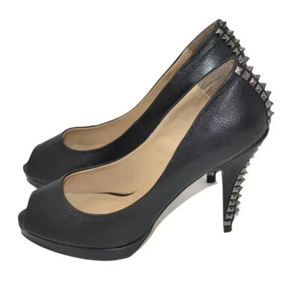 BCBG Maxazria Black Leather Pin-Up Peep Open Toe Stud Spiked Stilettoes Heels 9