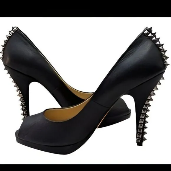 BCBG Maxazria Black Leather Pin-Up Peep Open Toe Stud Spiked Stilettoes Heels 9