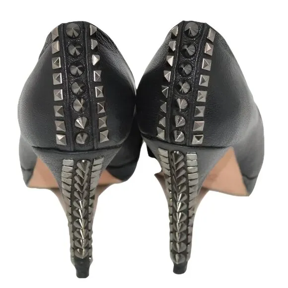 BCBG Maxazria Black Leather Pin-Up Peep Open Toe Stud Spiked Stilettoes Heels 9