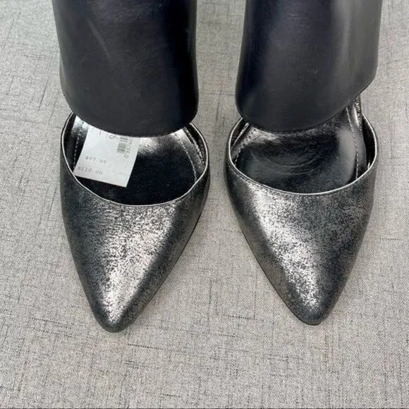 BCBGeneration Chaser Black Leather Pewter Stiletto Heel Nwt