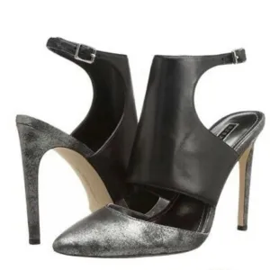 BCBGeneration Chaser Black Leather Pewter Stiletto Heel Nwt