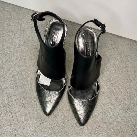 BCBGeneration Chaser Black Leather Pewter Stiletto Heel Nwt