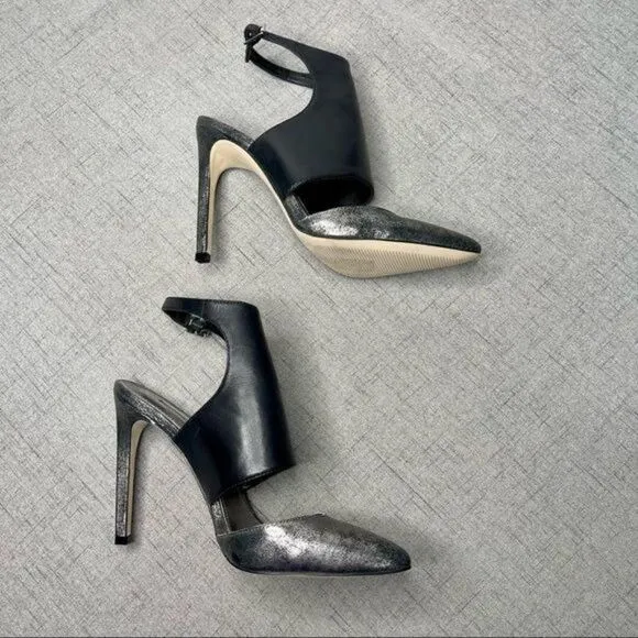 BCBGeneration Chaser Black Leather Pewter Stiletto Heel Nwt