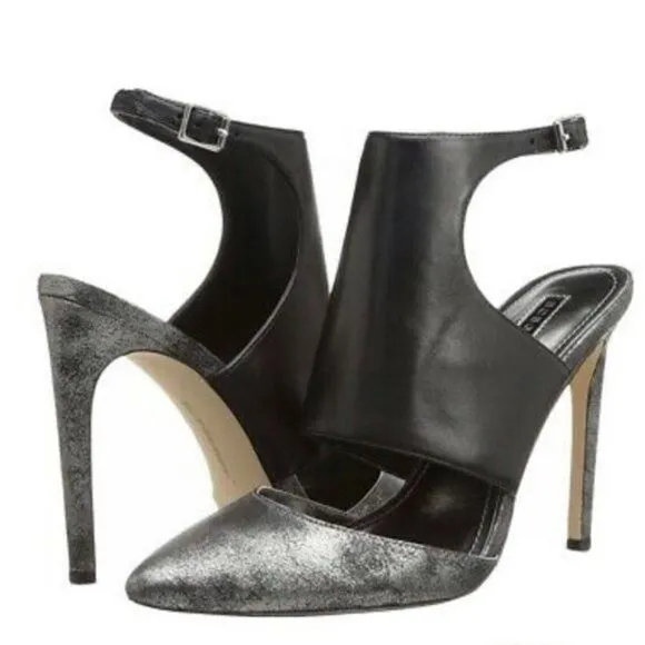 BCBGeneration Chaser Black Leather Pewter Stiletto Heel Nwt