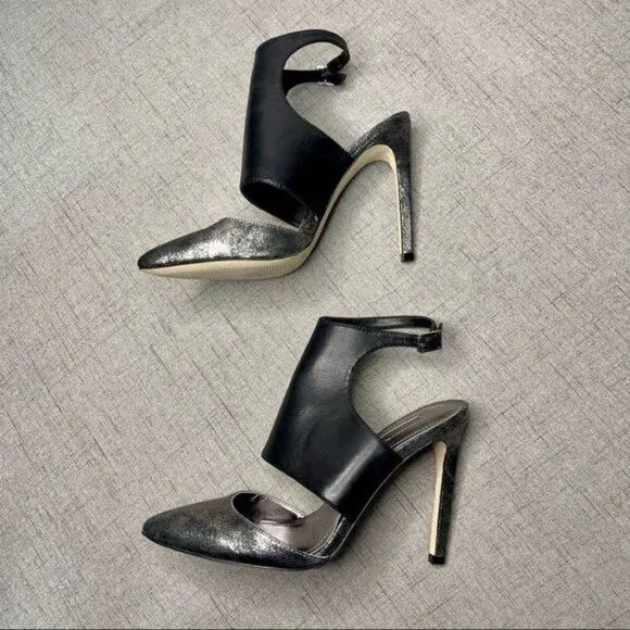 BCBGeneration Chaser Black Leather Pewter Stiletto Heel Nwt