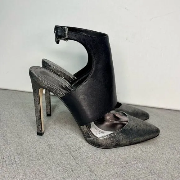 BCBGeneration Chaser Black Leather Pewter Stiletto Heel Nwt