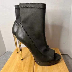 BCBGMAXAZRIA Leather Open Toe Stiletto Boots Gold Tone Heel Sz 7B 5 Inch Heel