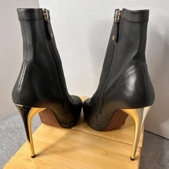 BCBGMAXAZRIA Leather Open Toe Stiletto Boots Gold Tone Heel Sz 7B 5 Inch Heel