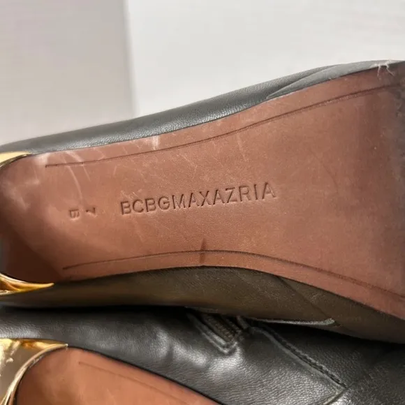 BCBGMAXAZRIA Leather Open Toe Stiletto Boots Gold Tone Heel Sz 7B 5 Inch Heel