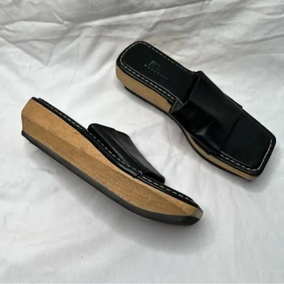BCBGMaxazria Vintage Y2k Black Leather &amp; Wood Platform Slide Sandals 9