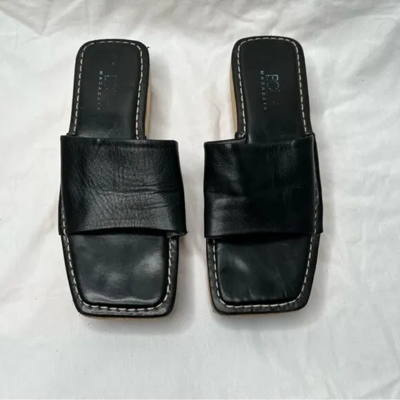 BCBGMaxazria Vintage Y2k Black Leather &amp; Wood Platform Slide Sandals 9