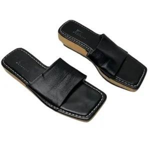 BCBGMaxazria Vintage Y2k Black Leather &amp; Wood Platform Slide Sandals 9