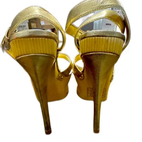 Bebe Gold Sandals High Heels Stiletto Size 7  Cut-out Platform GoldenNWT