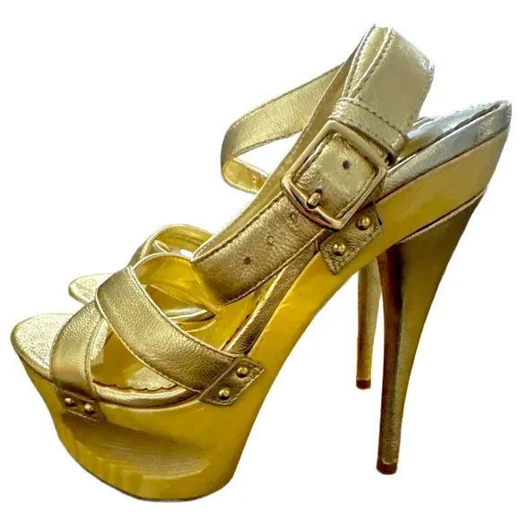 Bebe Gold Sandals High Heels Stiletto Size 7  Cut-out Platform GoldenNWT