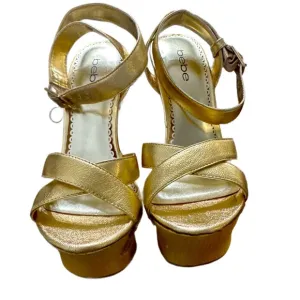 Bebe Gold Sandals High Heels Stiletto Size 7  Cut-out Platform GoldenNWT