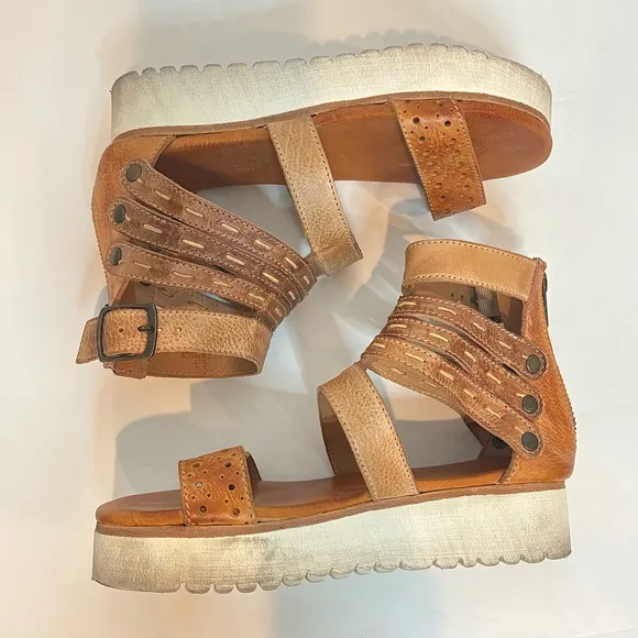 Bed Stu Artemia Tan Leather Platform Gladiator Ankle Zip Sandals 6.5