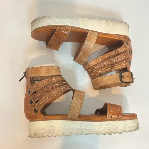 Bed Stu Artemia Tan Leather Platform Gladiator Ankle Zip Sandals 6.5