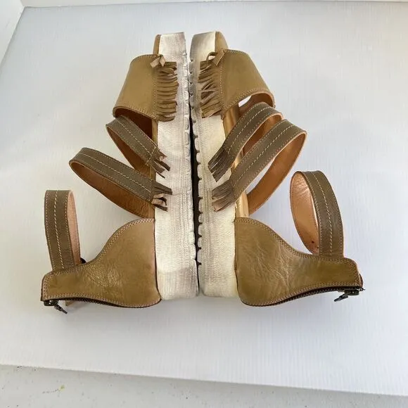 Bed Stu Emelia Fringe Sandals Size 11 Brown Leather Buckle Zip Platform Wedge