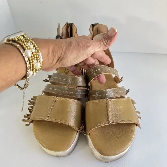 Bed Stu Emelia Fringe Sandals Size 11 Brown Leather Buckle Zip Platform Wedge