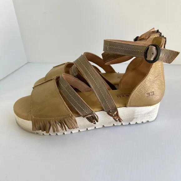 Bed Stu Emelia Fringe Sandals Size 11 Brown Leather Buckle Zip Platform Wedge