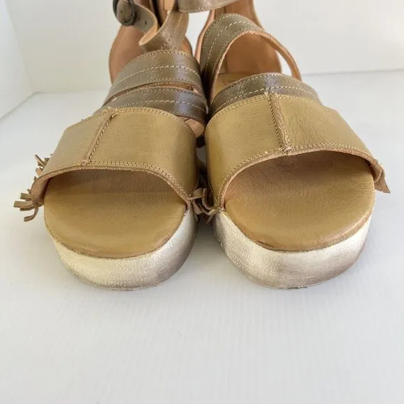 Bed Stu Emelia Fringe Sandals Size 11 Brown Leather Buckle Zip Platform Wedge