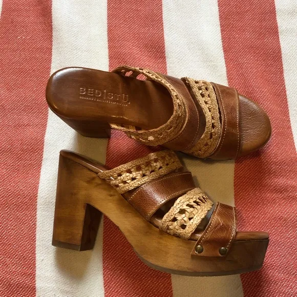 Bed Stu Wood and Leather Platform Sandals