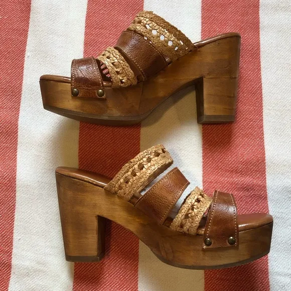 Bed Stu Wood and Leather Platform Sandals