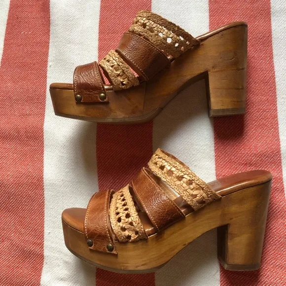 Bed Stu Wood and Leather Platform Sandals