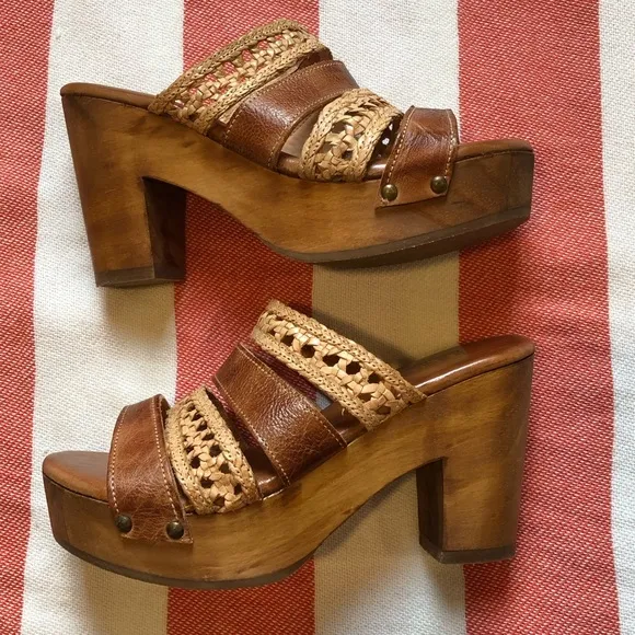 Bed Stu Wood and Leather Platform Sandals