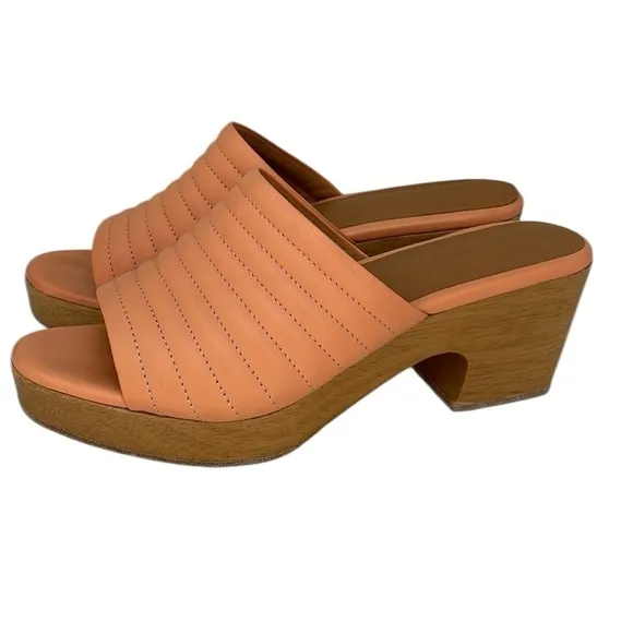 BEKLINA Sandals Open Toe Clogs Wood Platform Ribbed Leather Peach Pink Size 10