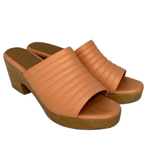 BEKLINA Sandals Open Toe Clogs Wood Platform Ribbed Leather Peach Pink Size 10