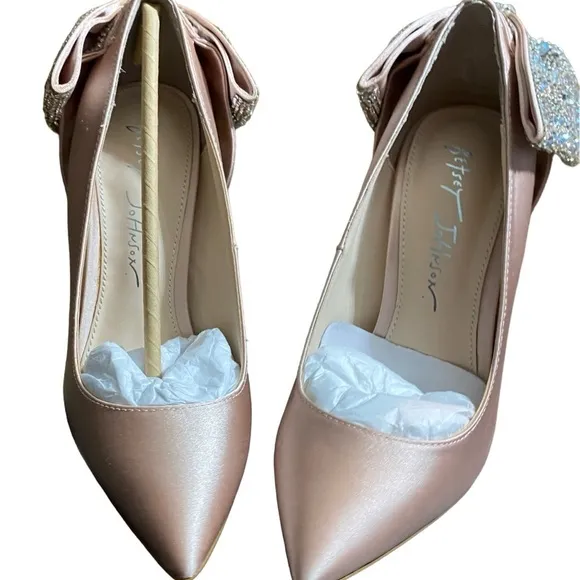 Betsey Johnson Women Beige Rhinestone Bow Bryn Pointed Toe Stiletto