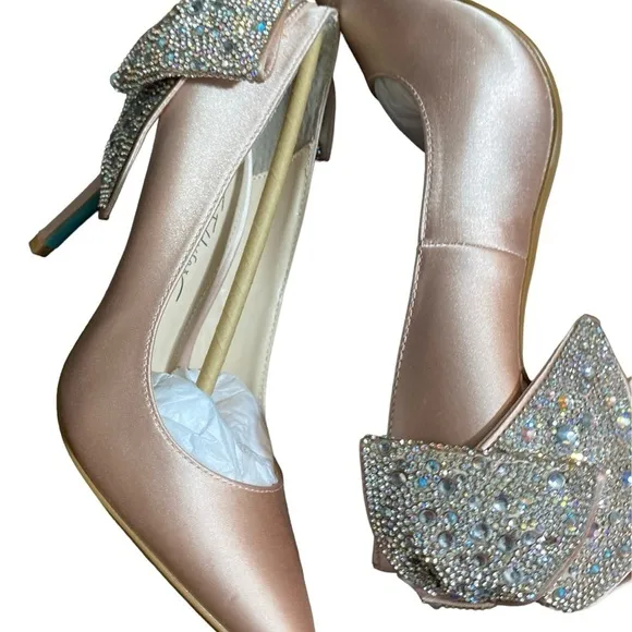 Betsey Johnson Women Beige Rhinestone Bow Bryn Pointed Toe Stiletto