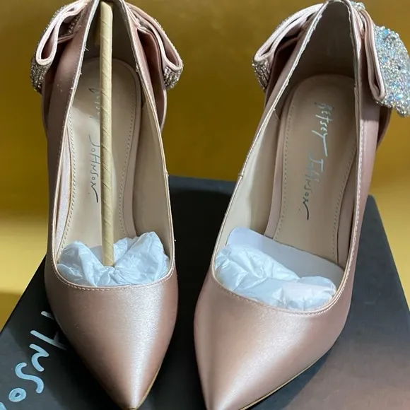 Betsey Johnson Women Beige Rhinestone Bow Bryn Pointed Toe Stiletto