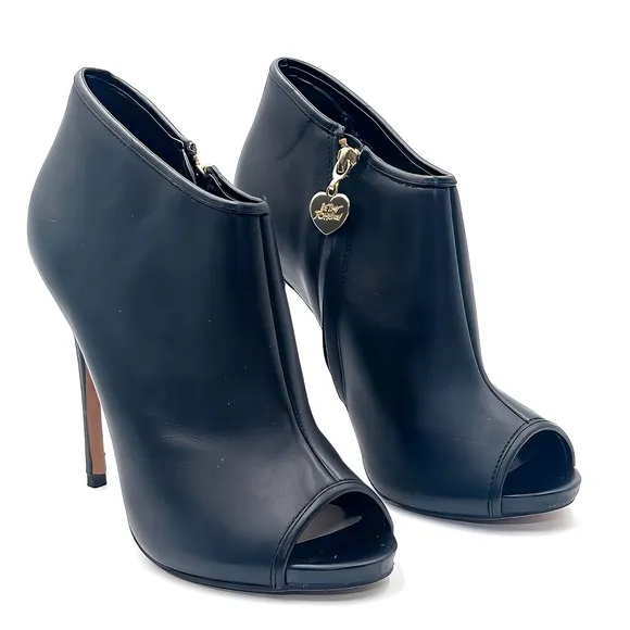 Betsey Johnson Y2K Sexy BLK Leather Marah Party Peep-Toe Stiletto Booties Sz 9.5