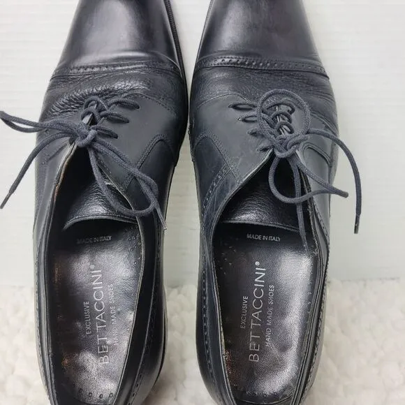 Bettaccini Oxford Men's Size 12 Cap Toe Black Leather Hand Made Dress Shoes 6901