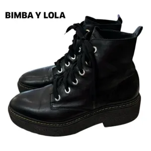Bimba Y Lola Women's Black Leather Combat Platform Ankle Booties Boots 38
