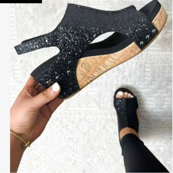 Black glitter sparkle Velcro ankle strap cork platform sandals. NWOT. Size 8