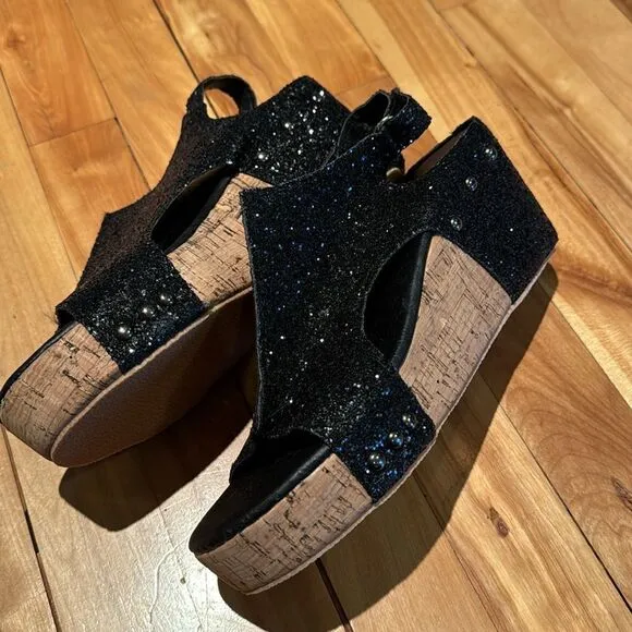 Black glitter sparkle Velcro ankle strap cork platform sandals. NWOT. Size 8