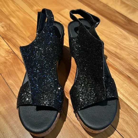 Black glitter sparkle Velcro ankle strap cork platform sandals. NWOT. Size 8