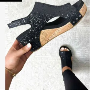 Black glitter sparkle Velcro ankle strap cork platform sandals. NWOT. Size 8