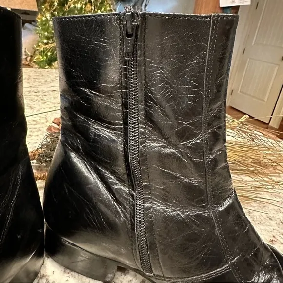 𝅺Black Leather men’s boots low heel zip Mid Calf Size 8 moto goth