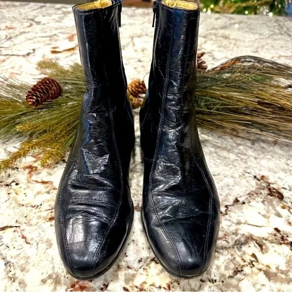 𝅺Black Leather men’s boots low heel zip Mid Calf Size 8 moto goth