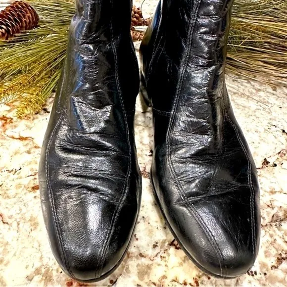 𝅺Black Leather men’s boots low heel zip Mid Calf Size 8 moto goth